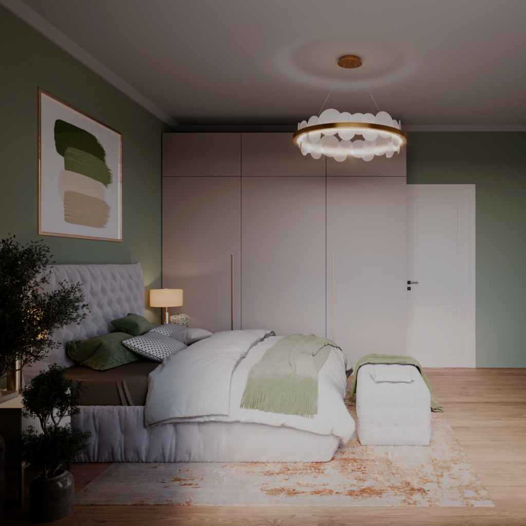 Green bedroom with a beautiful lamp